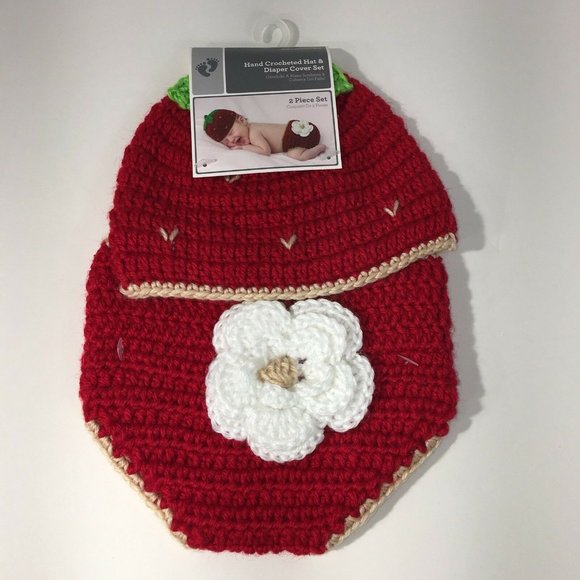 Hand Crocheted Hat And Diaper Cover Strawberry Sz 0-9 Months Infant Baby Photo - Picture 9 of 12